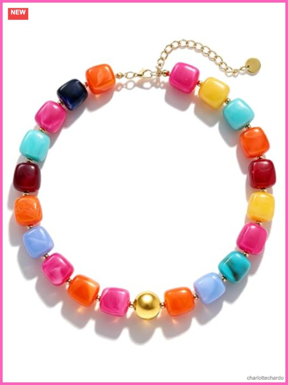 Chunky Square Resin Beaded Statement Necklace Lightweight Boho Jewelry